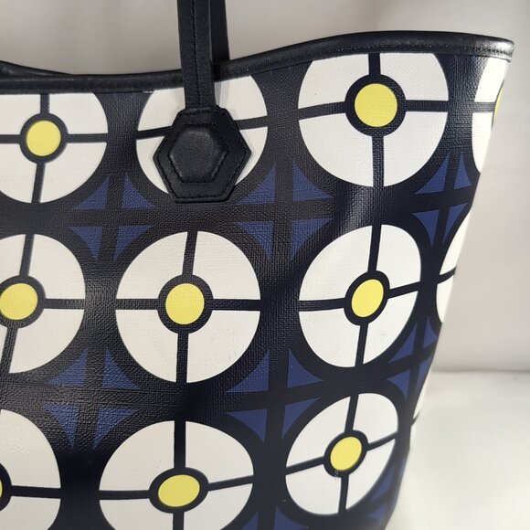 Jonathan Adler Geometric Tote Bag Leather Blue White Yellow Large Shoulder Purse - Picture 3 of 16